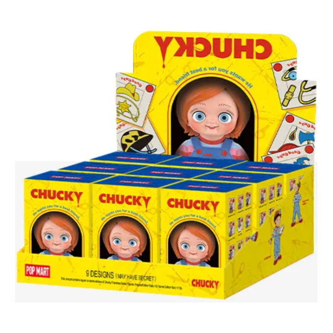 Chucky-franchise-sarjan hahmot sinetöidyssä kotelossa (9 sokkolaatikkoa)